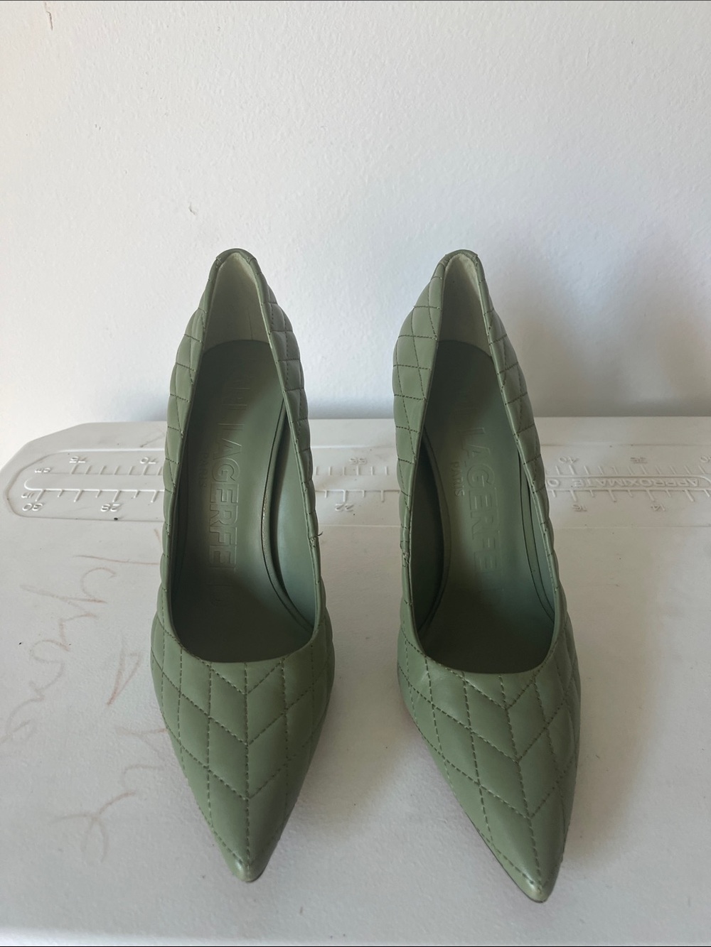 Karl Lagerfeld Quilted Olive Green Pointed-Toe Pumps